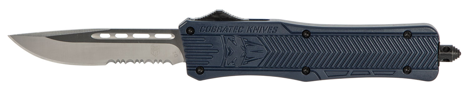 CobraTec Knives MNYCTK1MDS CTK-1 Medium 3" OTF Drop Point Part Serrated D2 Steel Blade/NYPD Blue Aluminum Handle Features Glass Breaker Includes Pocket Clip