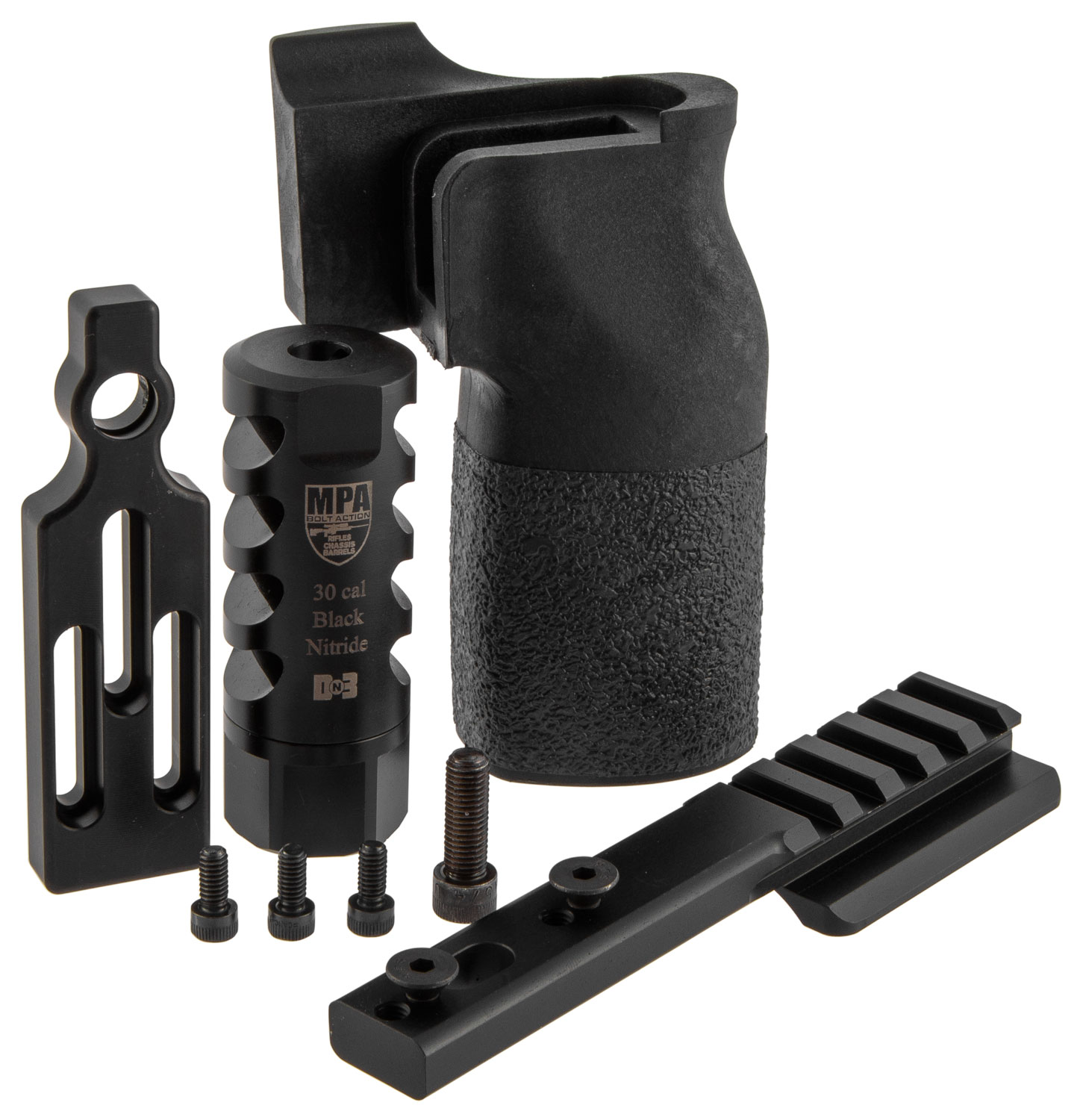 MasterPiece Arms 65PMRACCBUNDLE ACCBundle DN3 Muzzle Brake, Vertical Grip, V4 Spigot Mount & Bag Rider For 6.5 Creedmoor MasterPiece Arms PMR