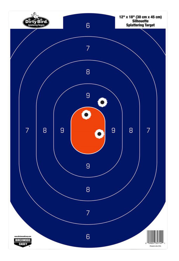Birchwood Casey 35720 Dirty Bird  Silhouette Tagboard Hanging Pistol 12" x 18" Blue/Orange White Impact Splatter 50 Per Pkg