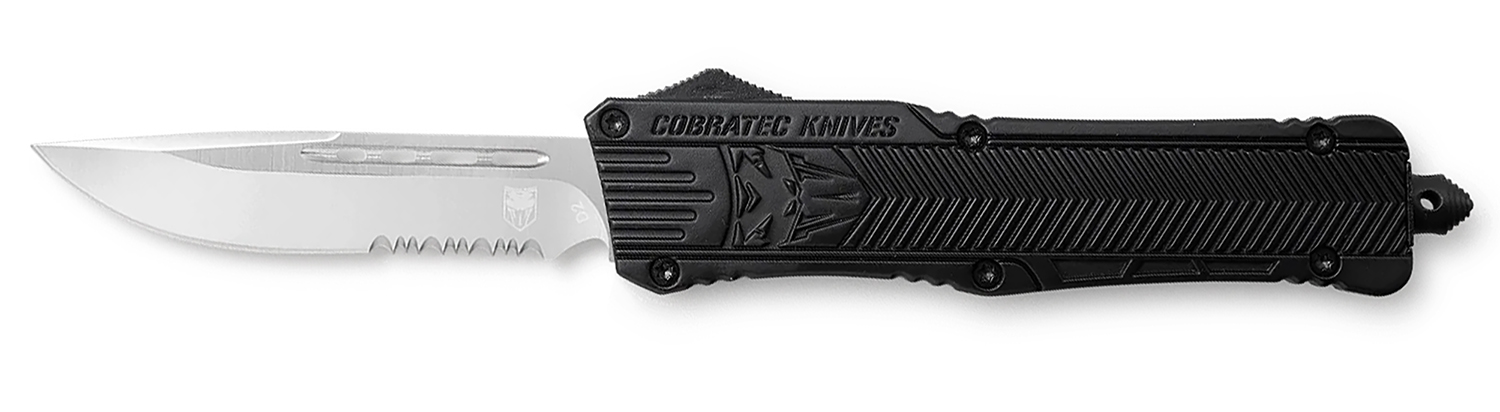 CobraTec Knives LBCTK1LDS CTK-1 Large 3.75" OTF Drop Point Part Serrated D2 Steel Blade/ Black Aluminum Handle Features Glass Breaker Includes Pocket Clip