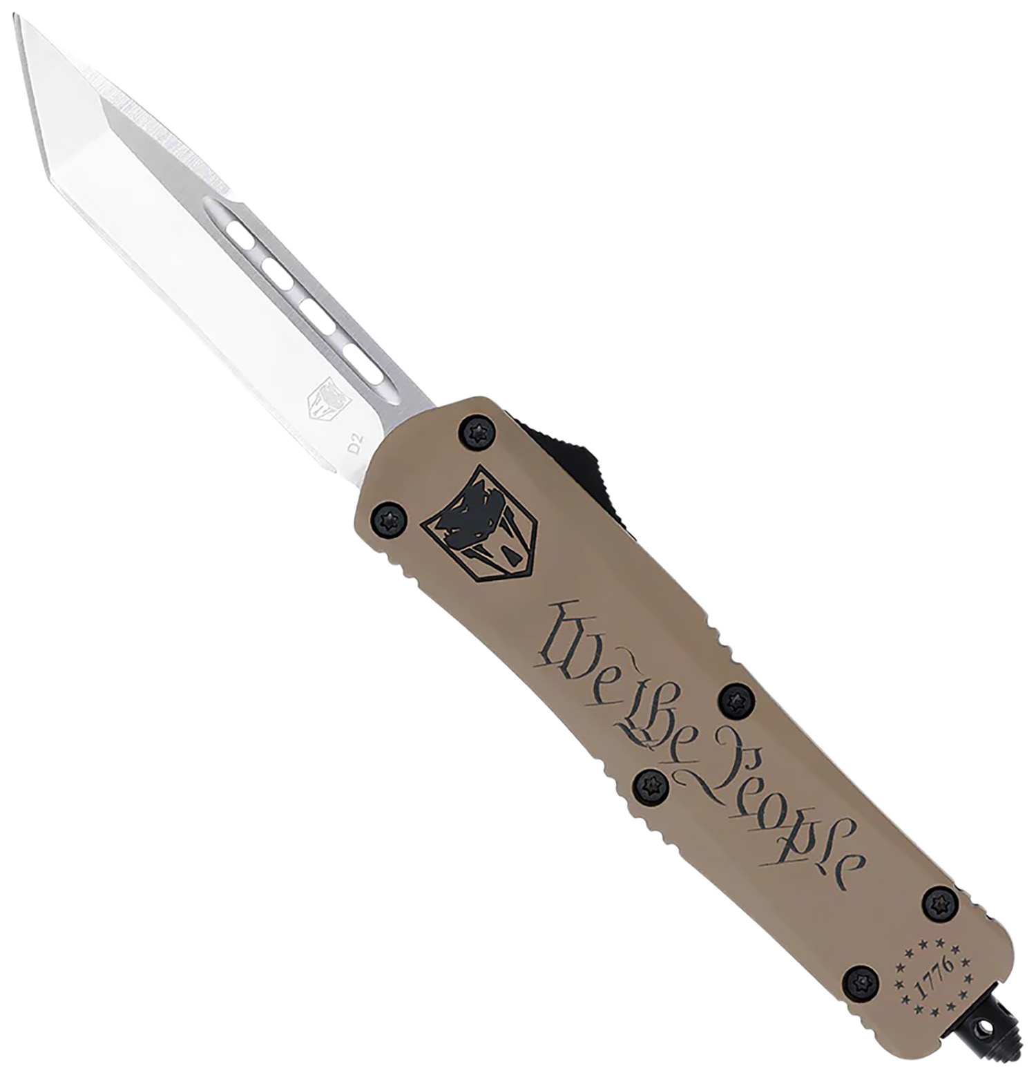 CobraTec Knives SWTPFS3TNS FS-3 We The People Small 2.75" OTF Tanto Plain Aluminum Cerakoted D2 Steel Blade, Tan "We The People" Aluminum Handle