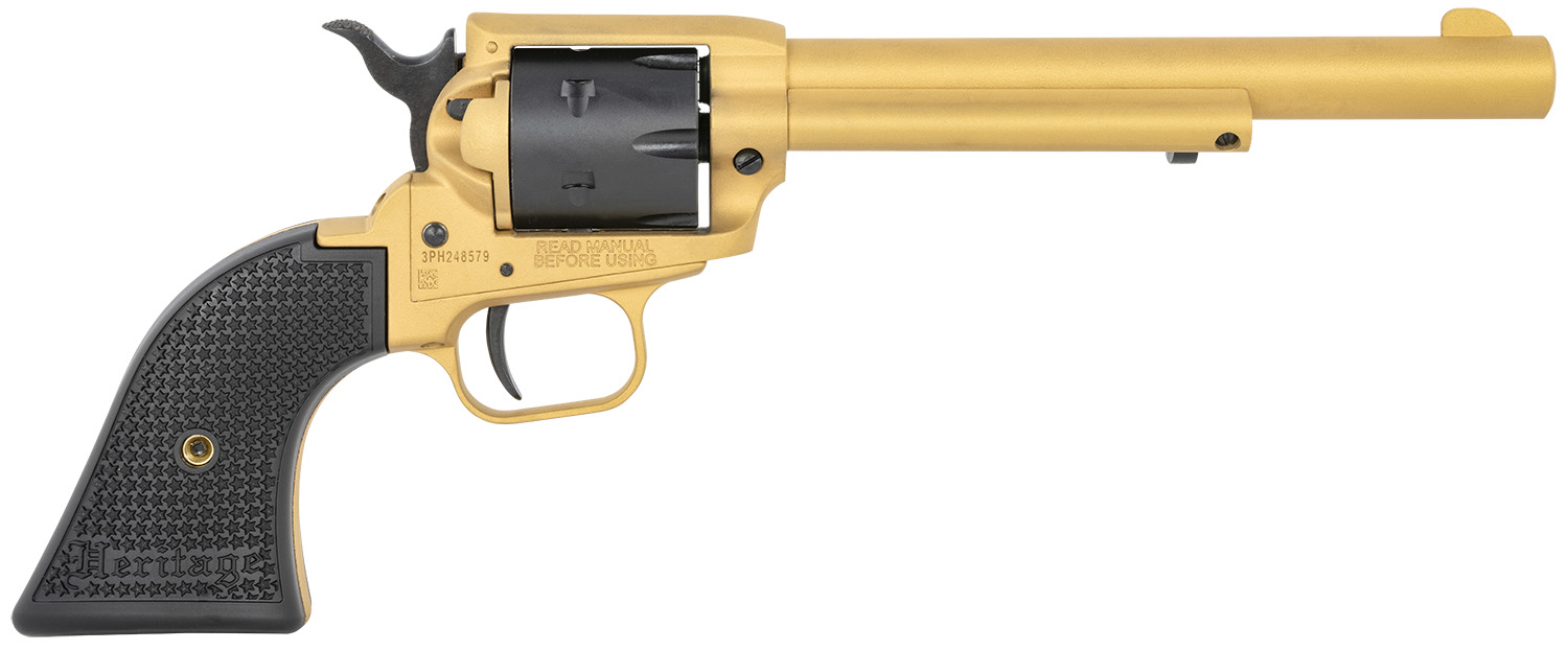 Heritage Mfg RR22S6 Rough Rider 22 LR 6 6.50", Gold Cerakote Barrel, Black Satin Cylinder, Gold Cerakote Steel Frame, Black Polymer Grips Features Black Accents