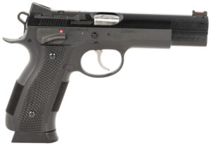 CZ-USA 91732 A01-SD  9mm Luger 19+1 4.93" Blued Match Grade Bull Barrel, Blued Optic Ready/Serrated Steel Slide, Blued Steel Frame w/Beavertail, Black Checkered Polymer Grip