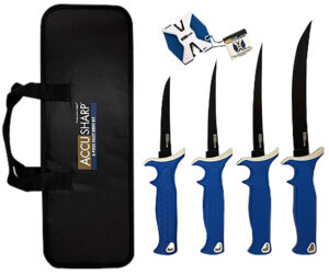 AccuSharp 737C Knife Kit  4.75/5.50/6.50/8" Fixed Fillet Plain Satin Stainless Steel Blade/ Blue Non-Slip Grip TPR Handle Includes 2-Step Sharpener
