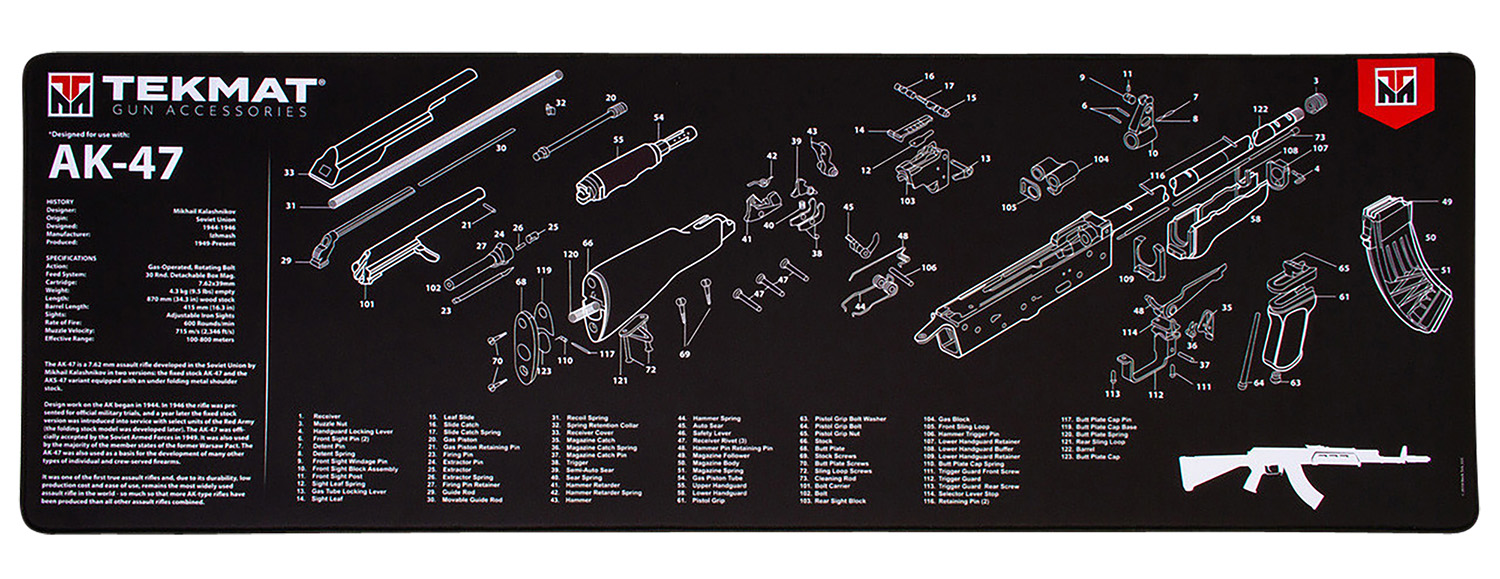 TekMat TEKR36AK47 AK-47 Cleaning Mat Black/White Rubber 12"x36" AK-47 Parts Diagram
