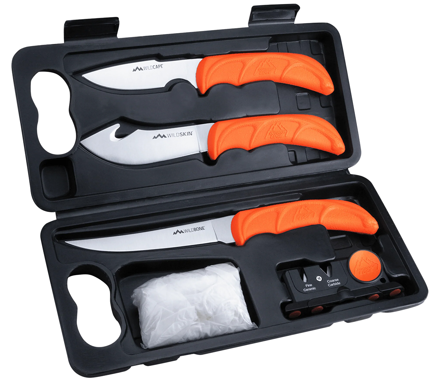 Outdoor Edge WL6 WildLite Game Processor Kit Fixed Boning/Caper/Skinner Plain 420J2 SS Blades, Blaze Orange Textured TPR Handles, 5 Pieces Includes Carry Case