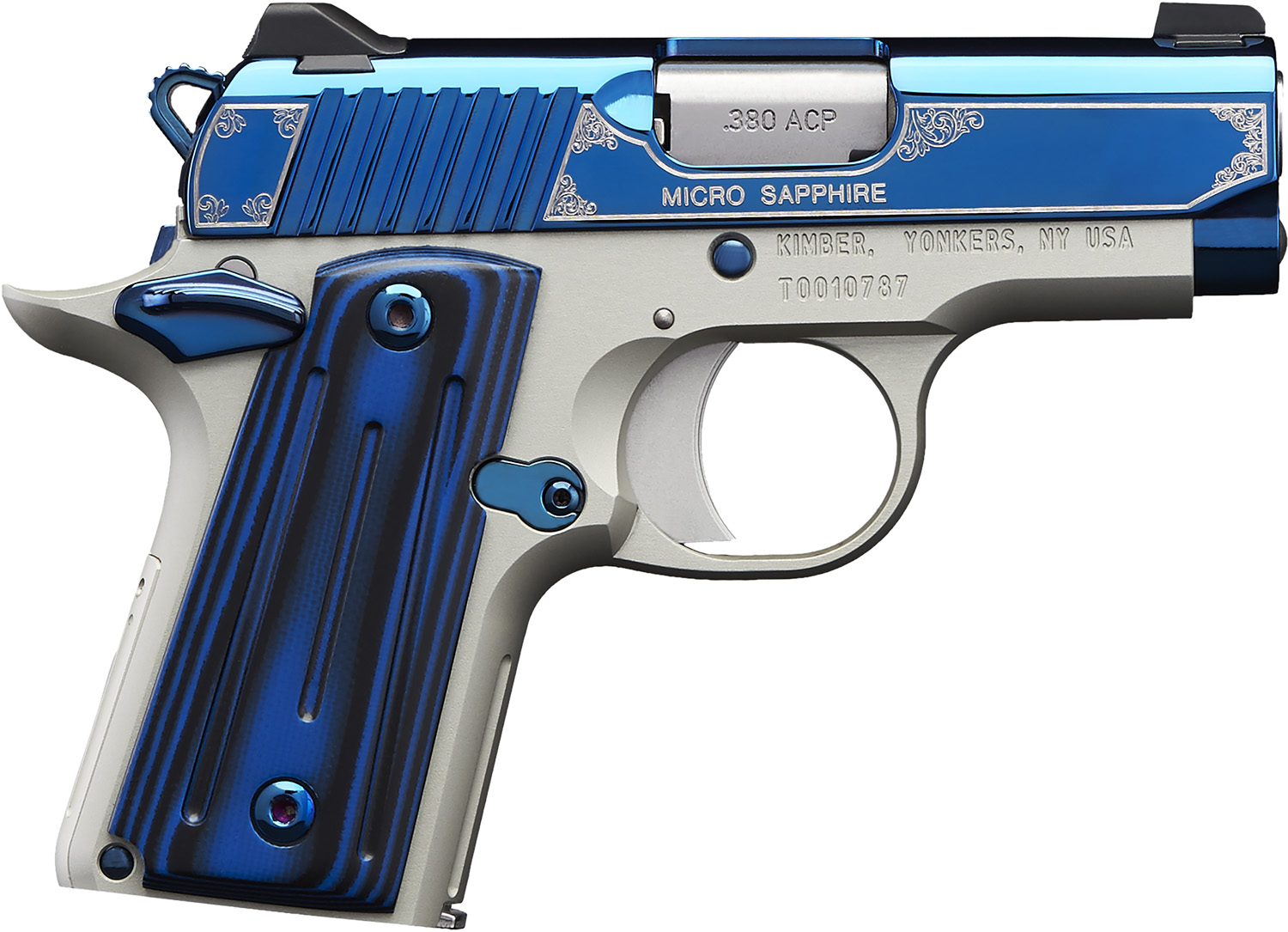 Kimber Mfg.,inc 3300090 Micro Sapphire NS 380 ACP 7+1 2.75" Polished Bright Blue PVD Coating Cut Scroll Engraving and Border Stainless Steel Thin blue/black ball-milled G-10 Grip