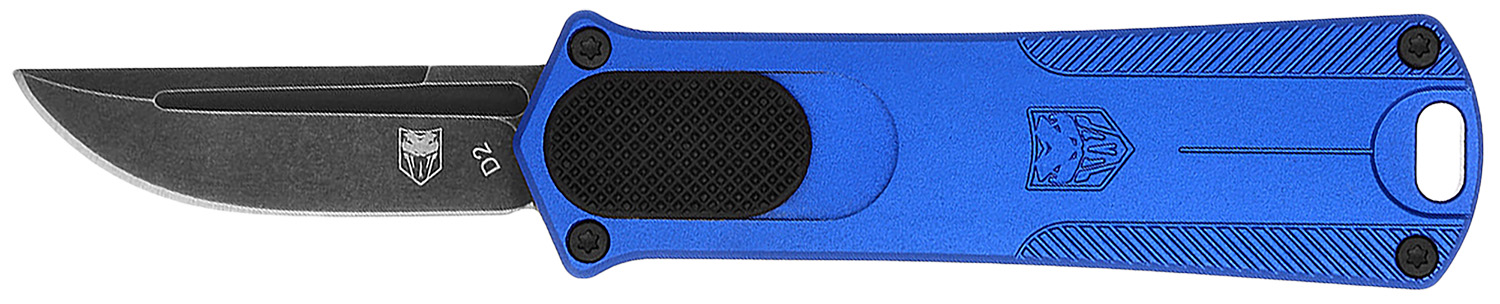 CobraTec Knives CALI952BLUDNS California 952 *CA Compliant 1.75" OTF Drop Point Plain Black Stonewashed D2 Steel Blade, 3" Blue Anodized Aluminum Handle