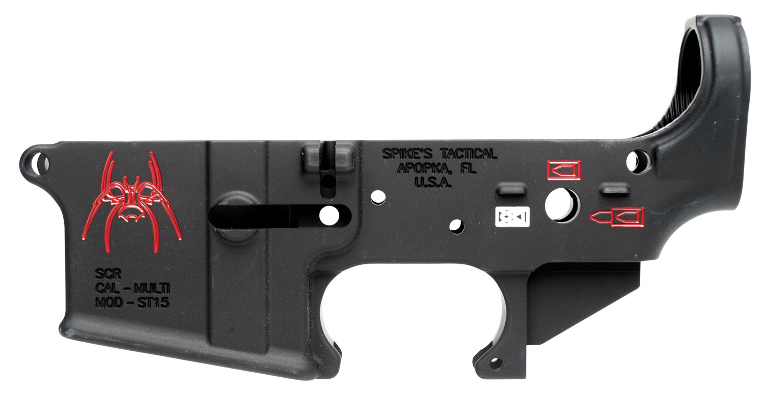 Spikes STLS019CFA Spider Stripped Lower Receiver Multi-Caliber 7075-T6 Aluminum Black Anodized with Color Fill for AR-15