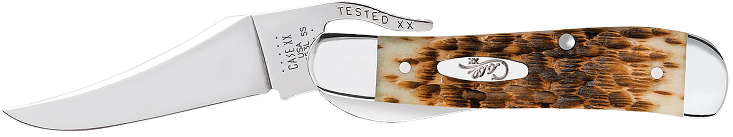 Case 0260 6 RussLock 2.70" Folding RussLock Clip Plain Mirror Polished Tru-Sharp SS Blade/Peach Seed Jigged Amber Bone Handle