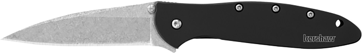 Kershaw 1660SWBLK Leek 3" Folding Drop Point Plain Stonewashed 14C28N Steel Blade Black Anodized Aluminum Handle Includes Pocket Clip