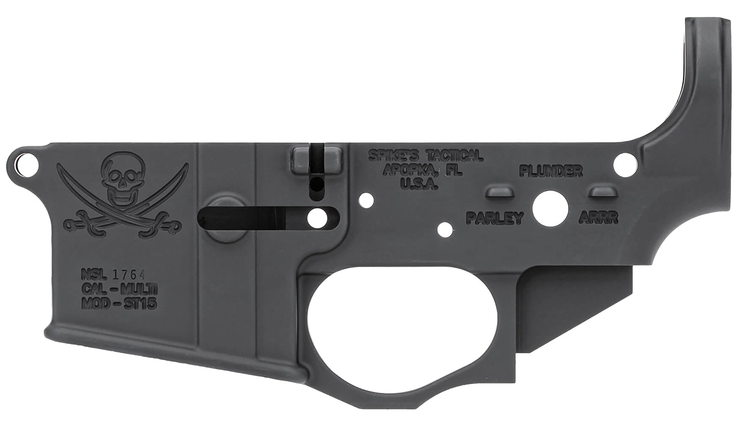 Spikes STLS016 Calico Jack Stripped Lower Receiver Multi-Caliber 7075-T6 Aluminum Black Anodized for AR-15