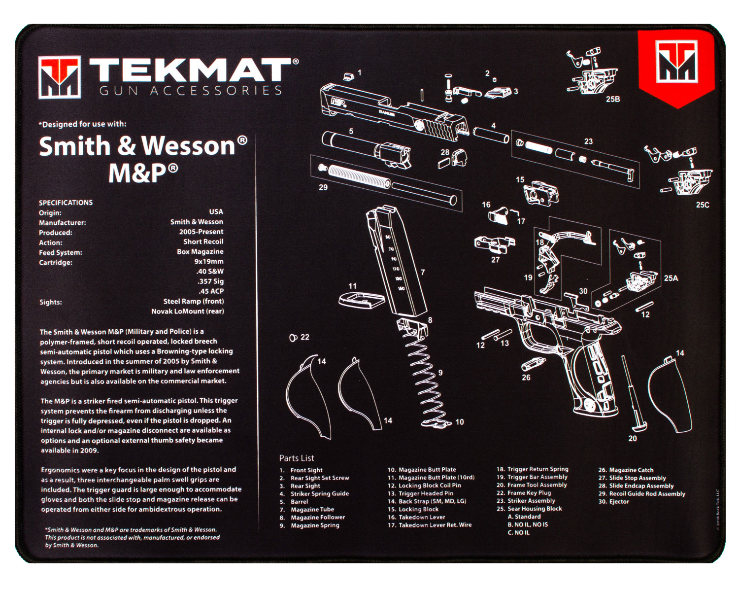 TekMat TEKR20SWNP S&W M&P Ultra 20 Cleaning Mat Black/White Rubber 15"x20" S&W M&P Parts Diagram Illustration