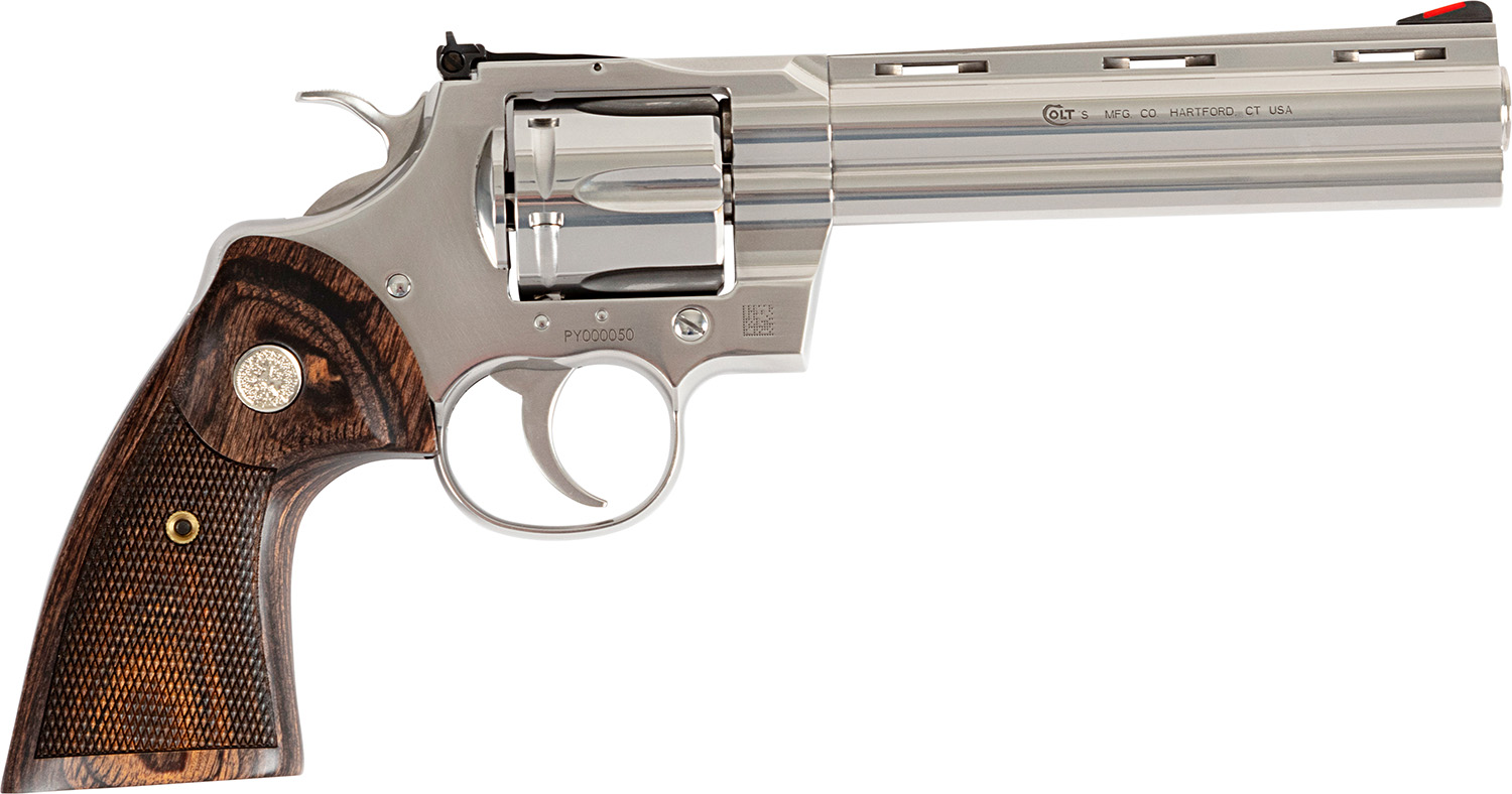 Colt Mfg PYTHONSP6WTS Python 38 Special/357 Mag 6 Shot 6" Stainless Vent Recessed Target/Vent Rib Barrel, Cylinder & Frame, Walnut w/Colt Medallion Grip