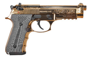 EAA GIRSAN 390088 Regard MC Deluxe 9mm Luger 18+1, 4.90" Stainless Steel Barrel, Gold Plated Serrated w/Engraving Steel Slide & Aluminum Frame w/Picatinny Rail, Black G10 Grip, Ambidextrous