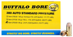 Buffalo Bore Ammunition 27G20 Standard Pressure Strictly Business 380ACP 90gr Jacket Hollow Point 20 Per Box/12 Case