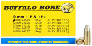 Buffalo Bore Ammunition 24A20 Personal Defense Strictly Business 9mmLuger +P+ 115gr Jacket Hollow Point 20 Per Box/12 Case